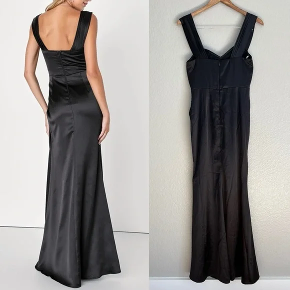 Stunning Arrival Black Satin Off-The-Shoulder Maxi Dress